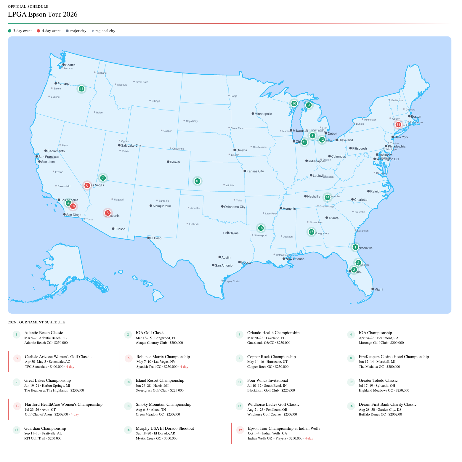 Map of Caitlin Peirce's 2026 Epson Tour schedule across the United States
